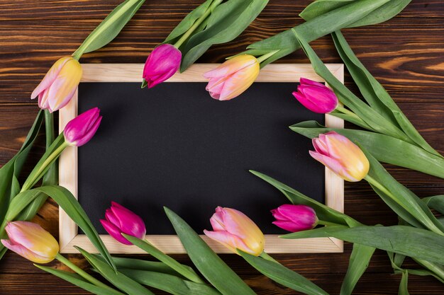 Frame blackboard around tulips