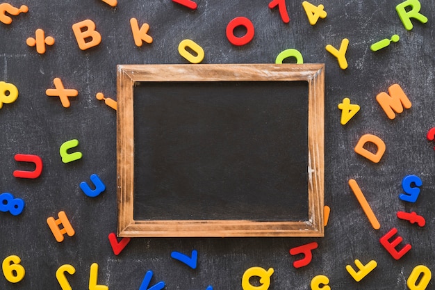 Frame on blackboard with letters and symbols