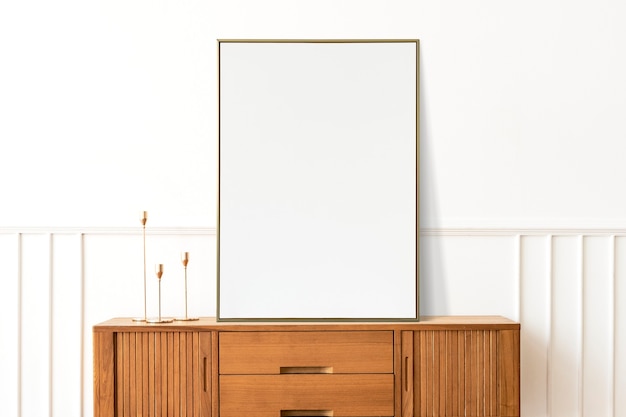 Frame on a cabinet in a minimal room