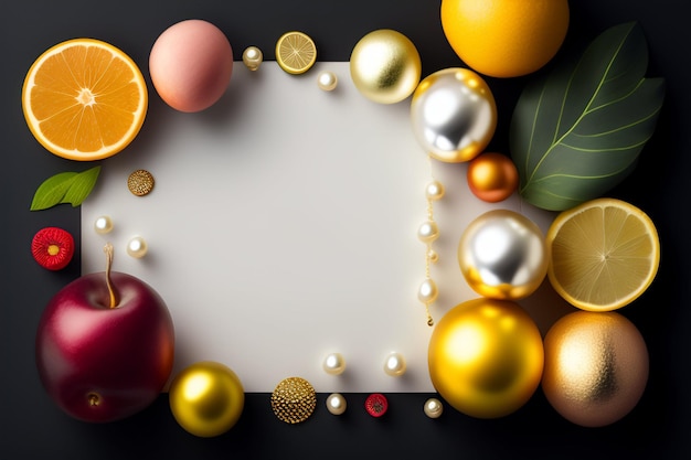 A frame of christmas balls and a lemon