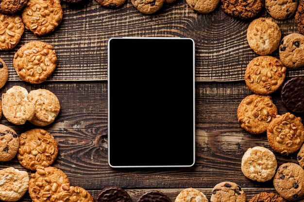 frame of cookies next to tablet