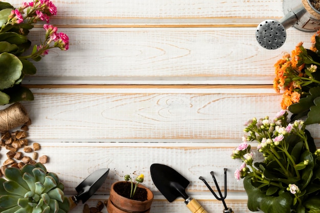 Frame of flowers and tools