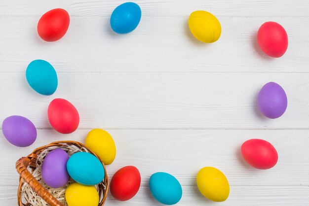 Frame from Easter eggs and basket on table