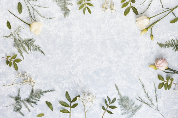 Free Photo frame from rose flowers and plant branches on table