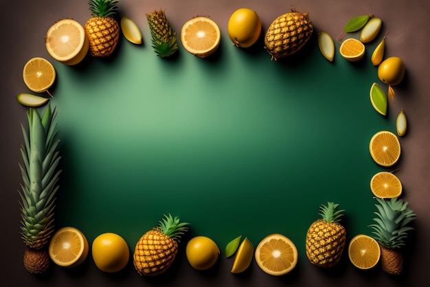 A frame of fruit on a green background