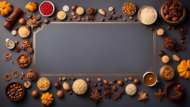 Frame made of different nuts and spices on dark background top view