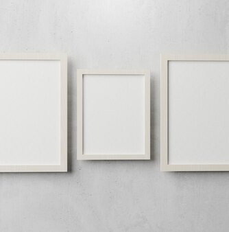 Frame mock up in empty room on white grunge wall, two wooden frames standing, 3d render. minimal design. blank frame mockup. 3d illustrations. ready to be used put your ar in it, copy space