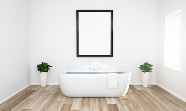 Premium Photo | Frame mockup on a bathroom with warm water and wooden floor