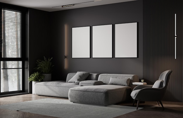 Frame mockup in luxury modern dark living room interior empty wall mock up 3d render