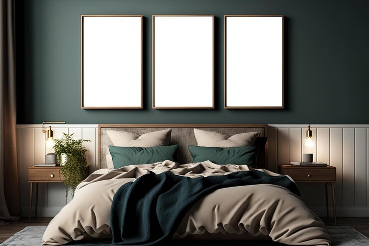 Free Photo frame mockup in modern bedroom with empty poster frame ai generative