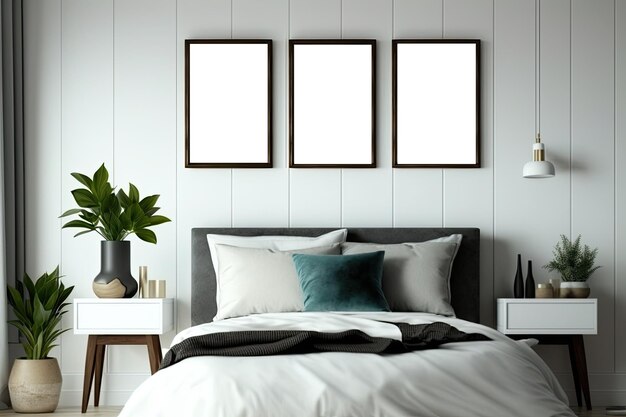 Макет рамы в современной спальне с пустой рамкой для плаката Ai генеративный