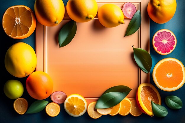 A frame of oranges and lemons with leaves on it