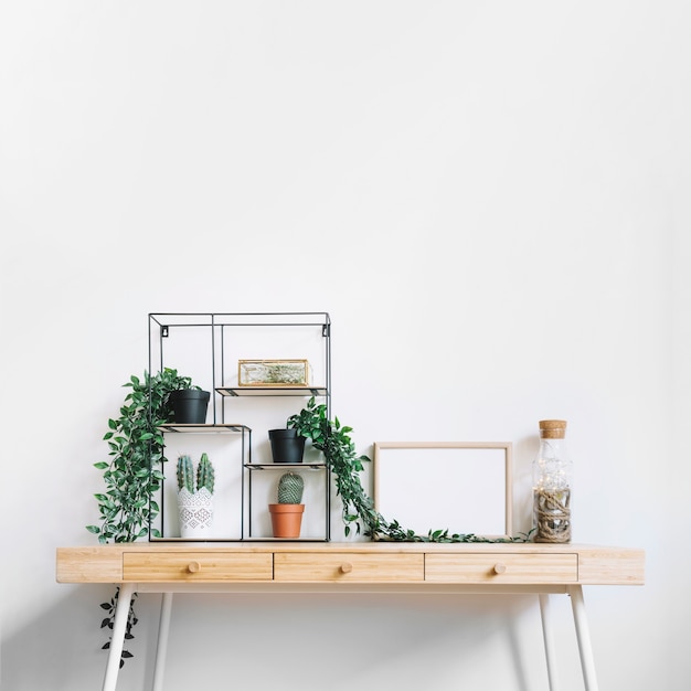 Free photo frame and plants on desk