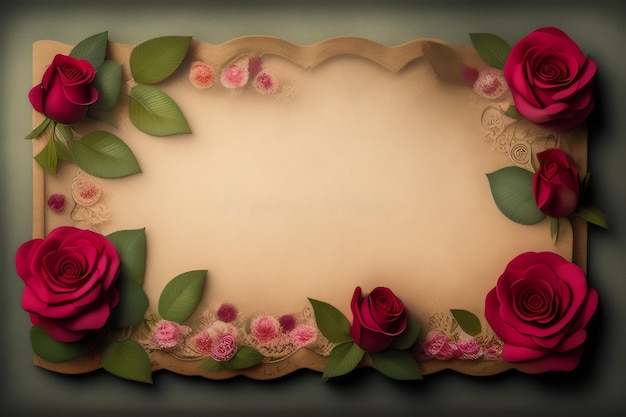 Free photo a frame of roses with a blank page in the middle