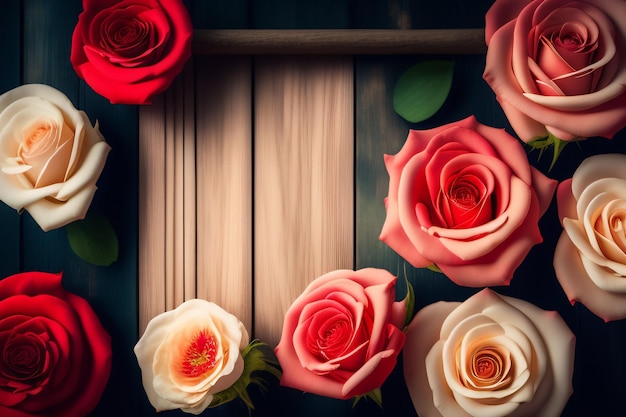 Free photo a frame of roses on a wooden background