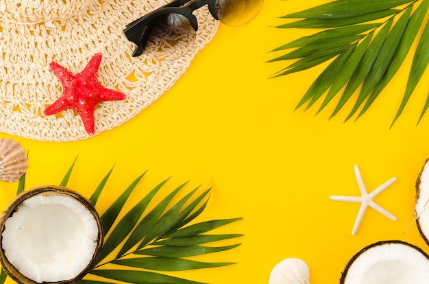 Frame of straw hat, palm leaves and coconuts