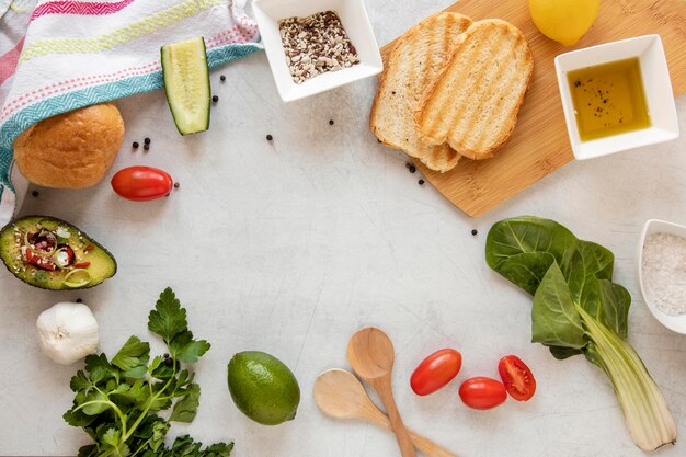 Frame of toast and vegetables on table