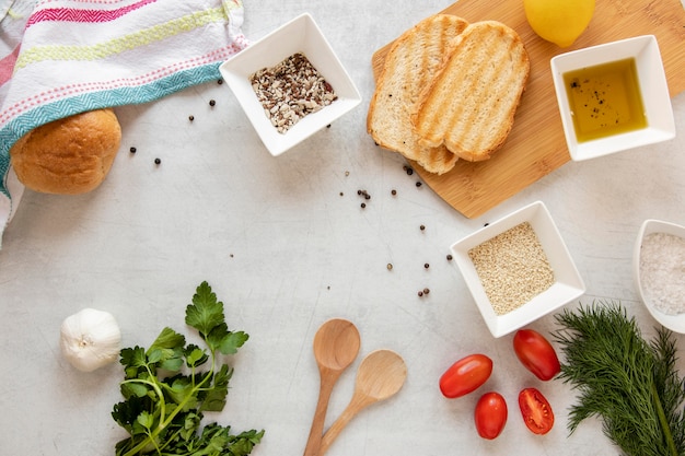 Frame of toast and vegetables