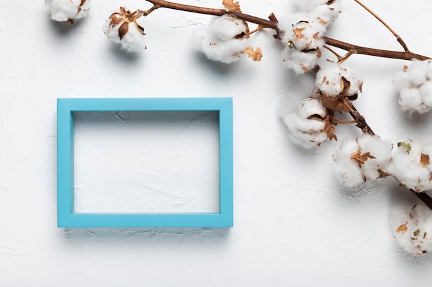 Frame with cotton branch on table