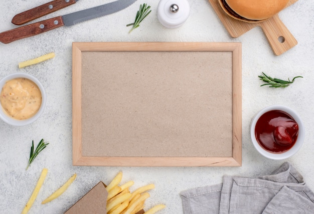 Free photo frame with hamburger and fries