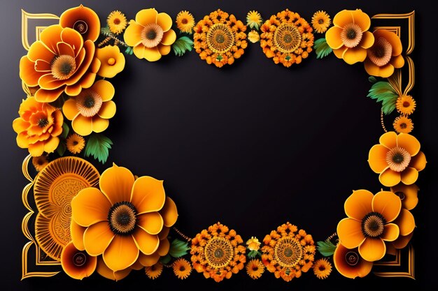 검정색 배경에 주황색 꽃이 있는 프레임