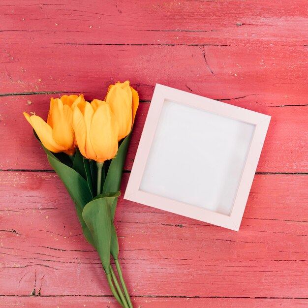 Frame with orange tulips on pink wooden background