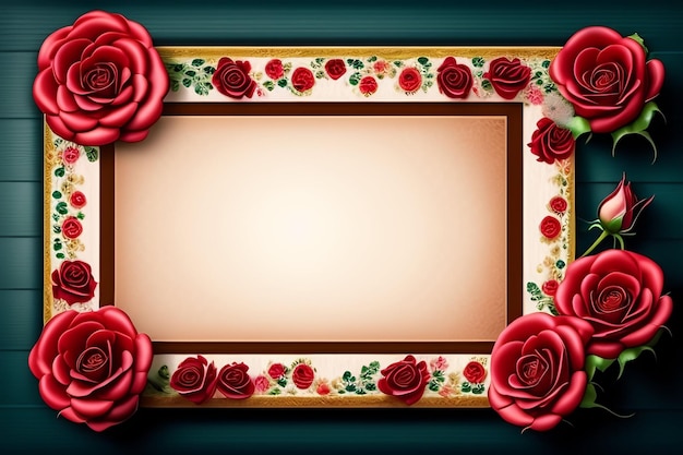 A frame with red roses on it