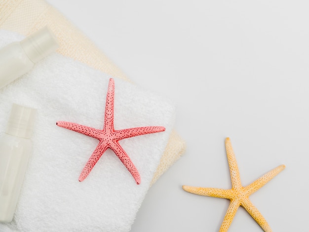 Composizione incorniciata di asciugamani e stelle marine