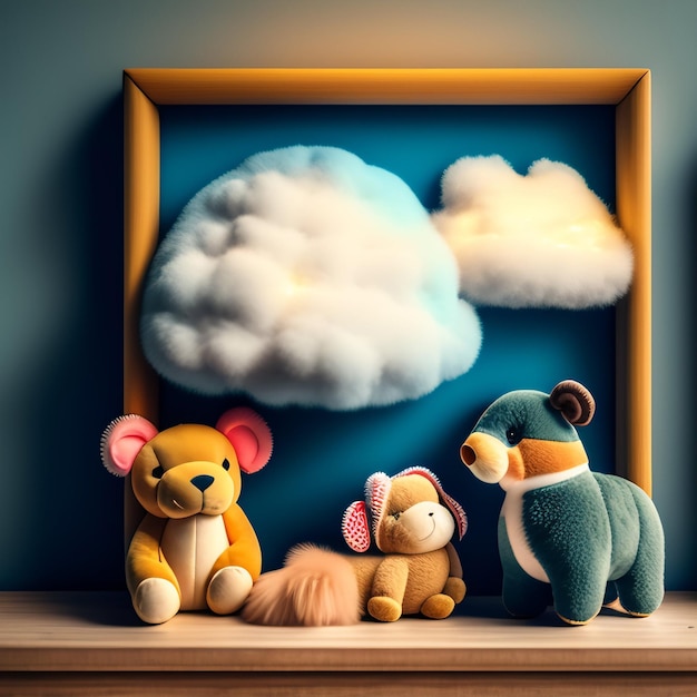 A framed picture of a teddy bear and a teddy bear with a blue hat on.