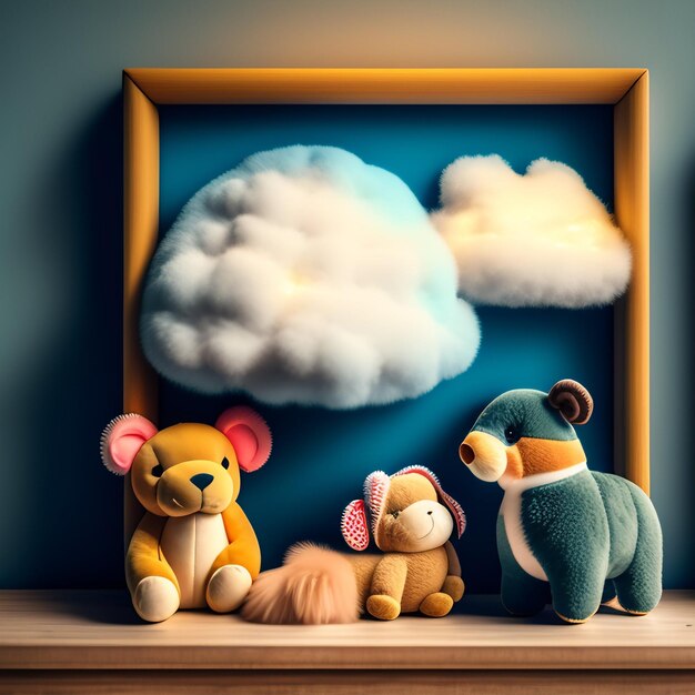 Картина в рамке с изображением плюшевого мишки и плюшевого мишки в синей шапке.