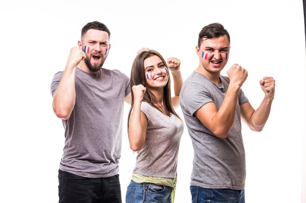 France win. Group of football fans celebrate win and support France national team on white background. Football fans concept