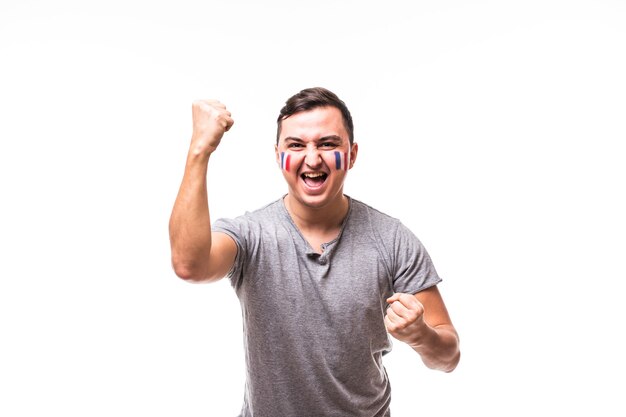 France win. Victory, happy and goal scream emotions of France football fan in game support of France national team on white background. Football fans concept.