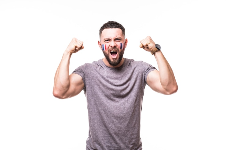 Free Photo france win. victory, happy and goal scream emotions of france football fan in game support of france national team on white background. football fans concept.