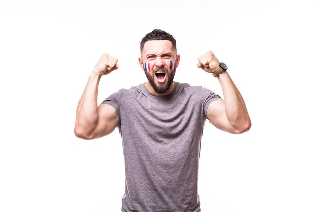 France win. Victory, happy and goal scream emotions of France football fan in game support of France national team on white background. Football fans concept.