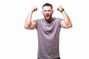 Free photo france win. victory, happy and goal scream emotions of france football fan in game support of france national team on white background. football fans concept.