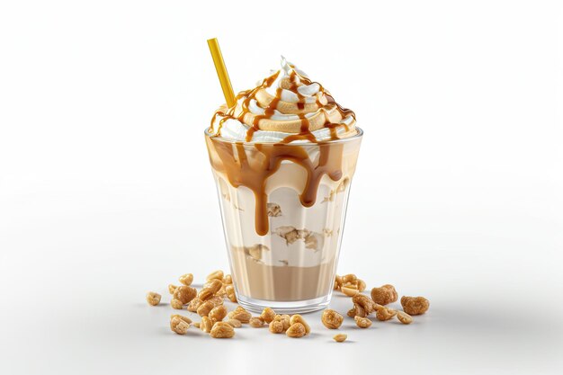 Frappe drink with caramel an nuts isolated on white background AI generative