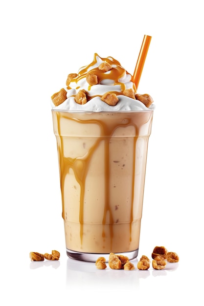 Frappe drink with caramel an nuts isolated on white background AI generative