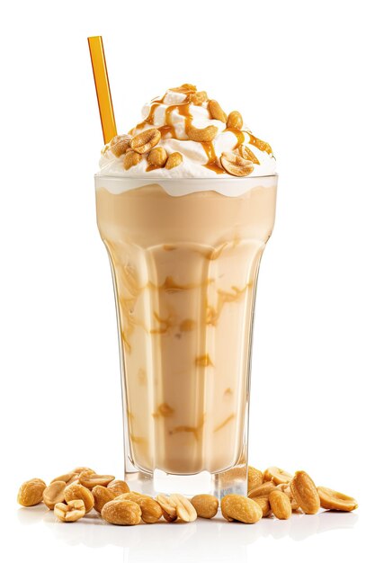 Frappe drink with caramel an nuts isolated on white background AI generative