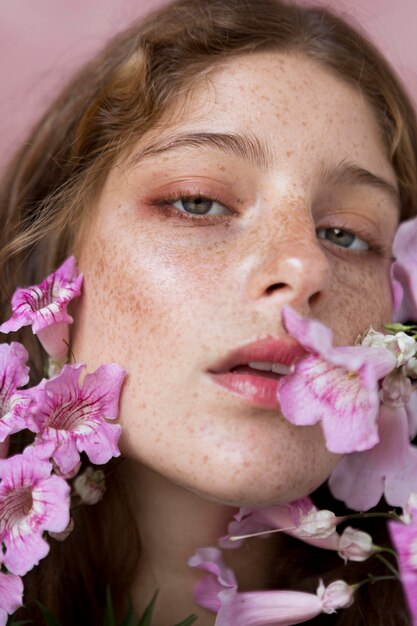 Freckled woman holding a pink flower