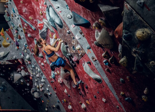 Free climber female bouldering indoors. Back view.