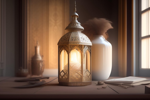 Free Photo Background Ramadan Kareem Eid Mubarak Royal Moroccan Lamp Mosque with Fireworks