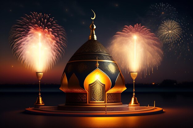 Free Photo Background Ramadan Kareem Eid Mubarak Royal Moroccan Lamp Mosque with Fireworks