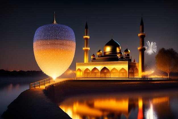 Free Photo Background Ramadan Kareem Eid Mubarak Royal Moroccan Lamp Mosque with Fireworks