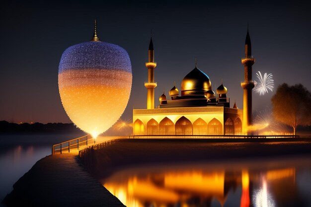 Бесплатно Фото Фон Рамадан Карим Ид Мубарак Королевская марокканская лампа Мечеть с фейерверком