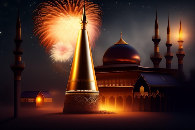 Free Photo Background Ramadan Kareem Eid Mubarak Royal Moroccan Lamp Mosque with Fireworks