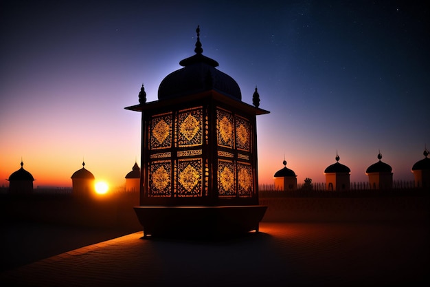 Free Photo Ramadan Kareem Eid Mubarak Mosque in Evening with Sun Light Background