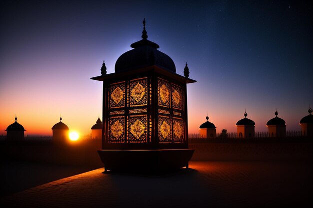 Free Photo Ramadan Kareem Eid Mubarak Mosque in Evening with Sun Light Background