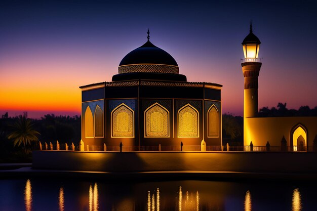 Free Photo Ramadan Kareem Eid Mubarak Mosque in Evening with Sun Light Background
