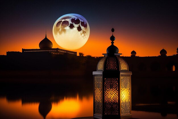 Free Photo Ramadan Kareem Eid Mubarak Mosque in Evening with Sun Light Background