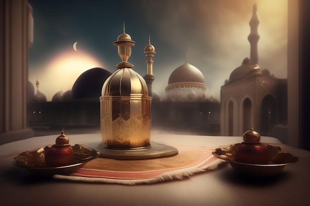 Free Photo Ramadan Kareem Eid Mubarak Old Fashioned Royal Elegant Lamp with Mosque